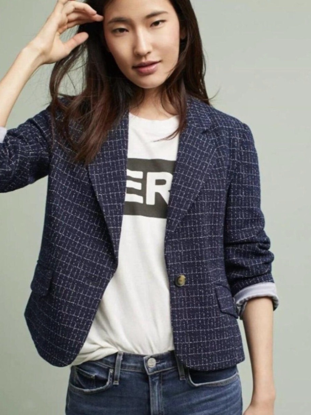 Anthropologie Cartonnier Navy Tweed Grid
Cropped Blazer Size 4